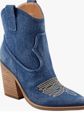 Marc Fisher LTD Jalella Denim Blue Western Booties Pointed Toe Block Heel Size 8